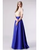 Modest High Neck Royal Blue Formal Dress With Short Sleeves