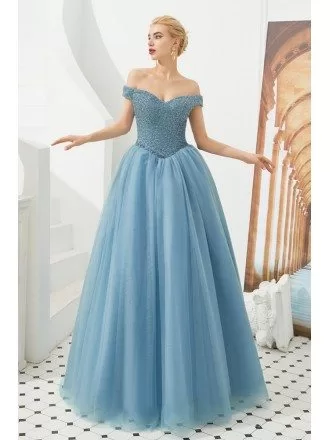 Off Shoulder Tulle Blue Party Dress With Beading Top