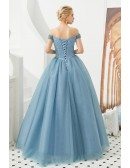 Off Shoulder Tulle Blue Party Dress With Beading Top