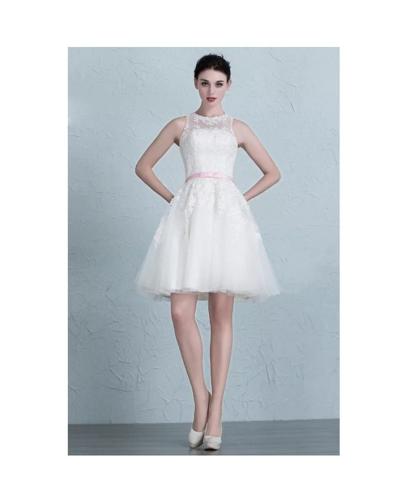 Mini Lace Tulle Short Wedding Dresses Ivory A-Line Scoop Neck Style ...