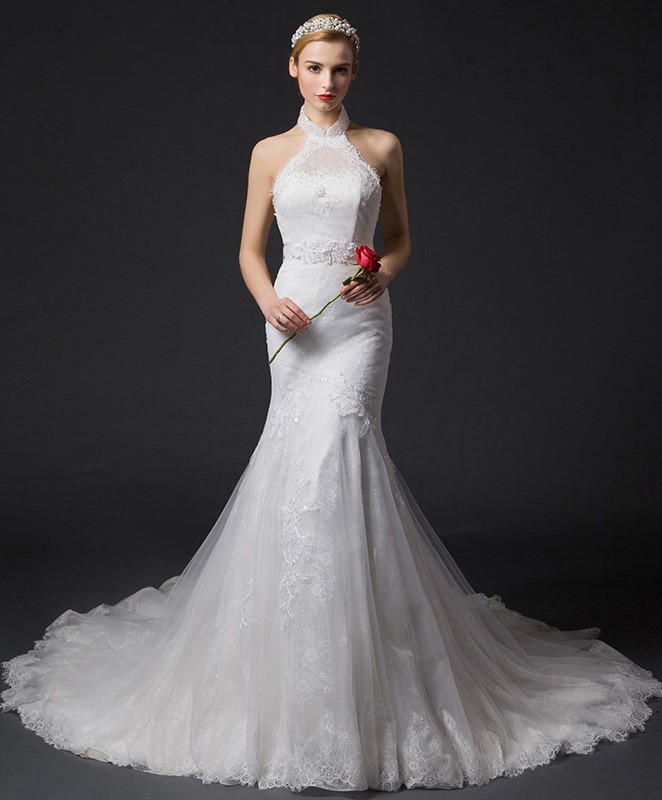 Romantic Mermaid Halter Chapel Train Tulle Wedding Dress With Appliques ...