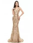 Luxe Champagne Gold Sparkly Mermaid Prom Dress Fitted Sexy Vneck