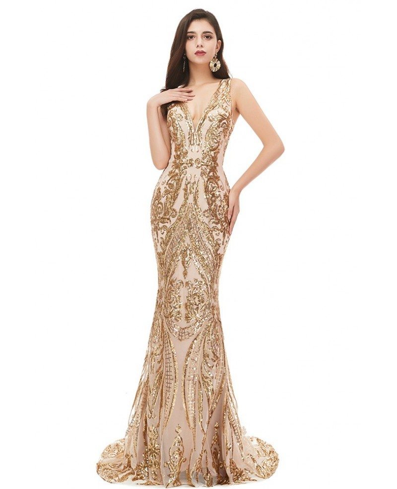 Luxe Champagne Gold Sparkly Mermaid Prom Dress Fitted Sexy Vneck #EZ03K ...