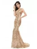 Luxe Champagne Gold Sparkly Mermaid Prom Dress Fitted Sexy Vneck