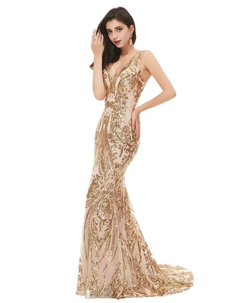 Luxe Champagne Gold Sparkly Mermaid Prom Dress Fitted Sexy Vneck Ez03k C