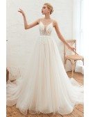 Goddesses Tulle Low Back Beach Wedding Dress With Spaghetti Strap