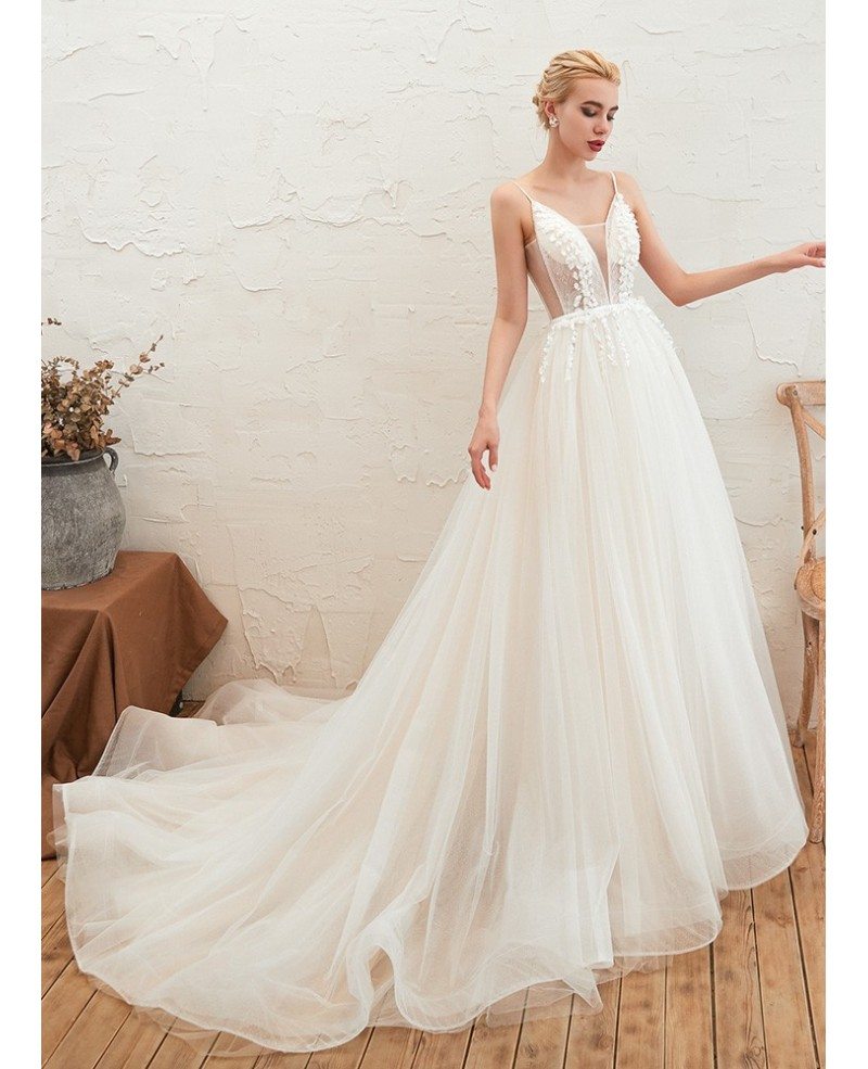 Goddesses Tulle Low Back Beach Wedding Dress With Spaghetti Strap EZ33350 GemGrace