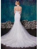 Romantic Mermaid Halter Chapel Train Tulle Wedding Dress With Appliques Lace