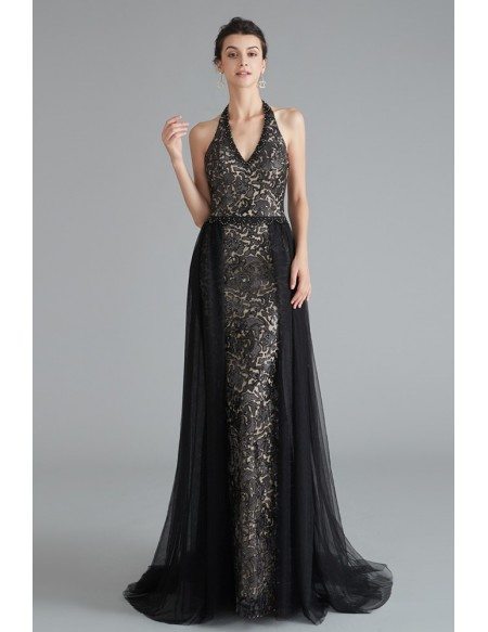 Long Halter Black Lace Tulle Formal Dress With Open Back