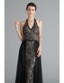 Long Halter Black Lace Tulle Formal Dress With Open Back