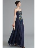 Navy Blue Strapless Long Chiffon Formal Dress With Sequin Decoration