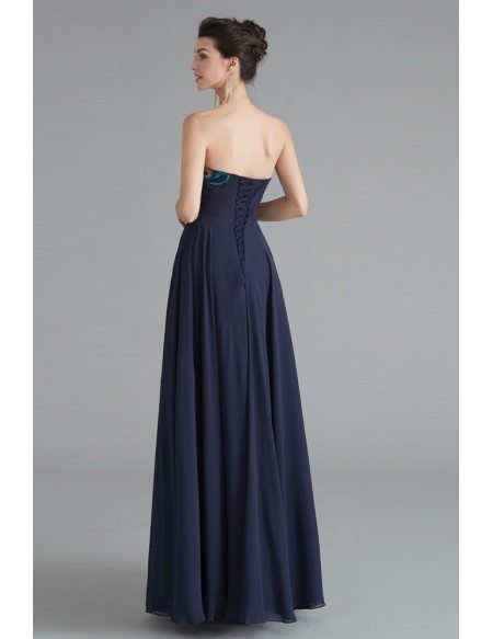 Navy Blue Strapless Long Chiffon Formal Dress With Sequin Decoration
