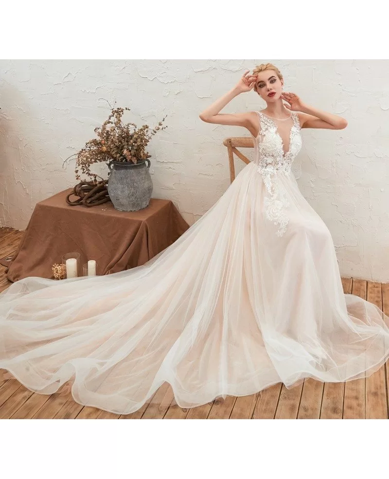 2020 Casual Sleeveless Tulle Lace Wedding Dress With Long