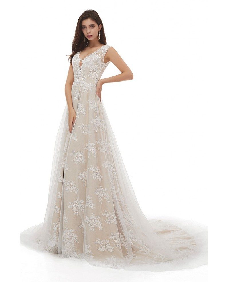 Slim Champagne With Ivory Lace Aline Wedding Dress With ...