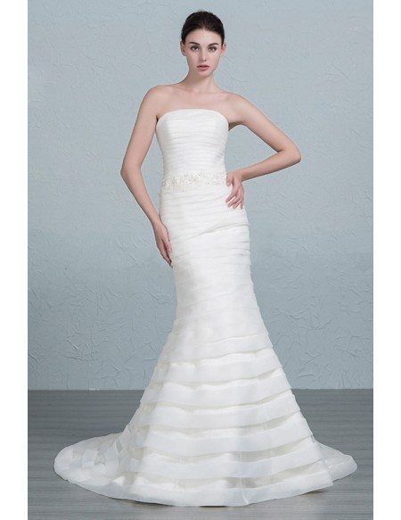Elegant Mermaid Strapless Sweep Train Organza Wedding Dress With Beading