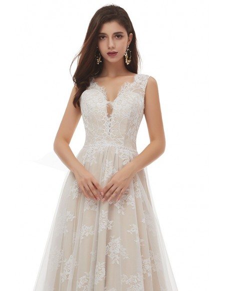 Slim Champagne With Ivory Lace  Aline Wedding Dress With Long Train
