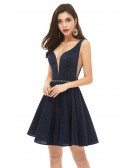 Navy Blue Sparkly Sexy Short Prom Dress With Vneck Beaded Waist