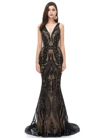 Stunning Long Black Sequins Mermaid Prom Dress Sparkly With Vneck