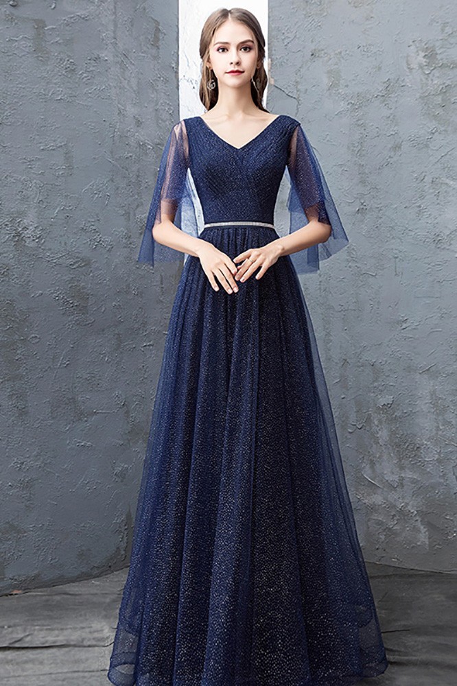 Navy Blue Sparkly Long Tulle Prom Dress With Puffy Sleeves Beaded Waist ...