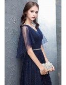 Navy Blue Sparkly Long Tulle Prom Dress With Puffy Sleeves Beaded Waist