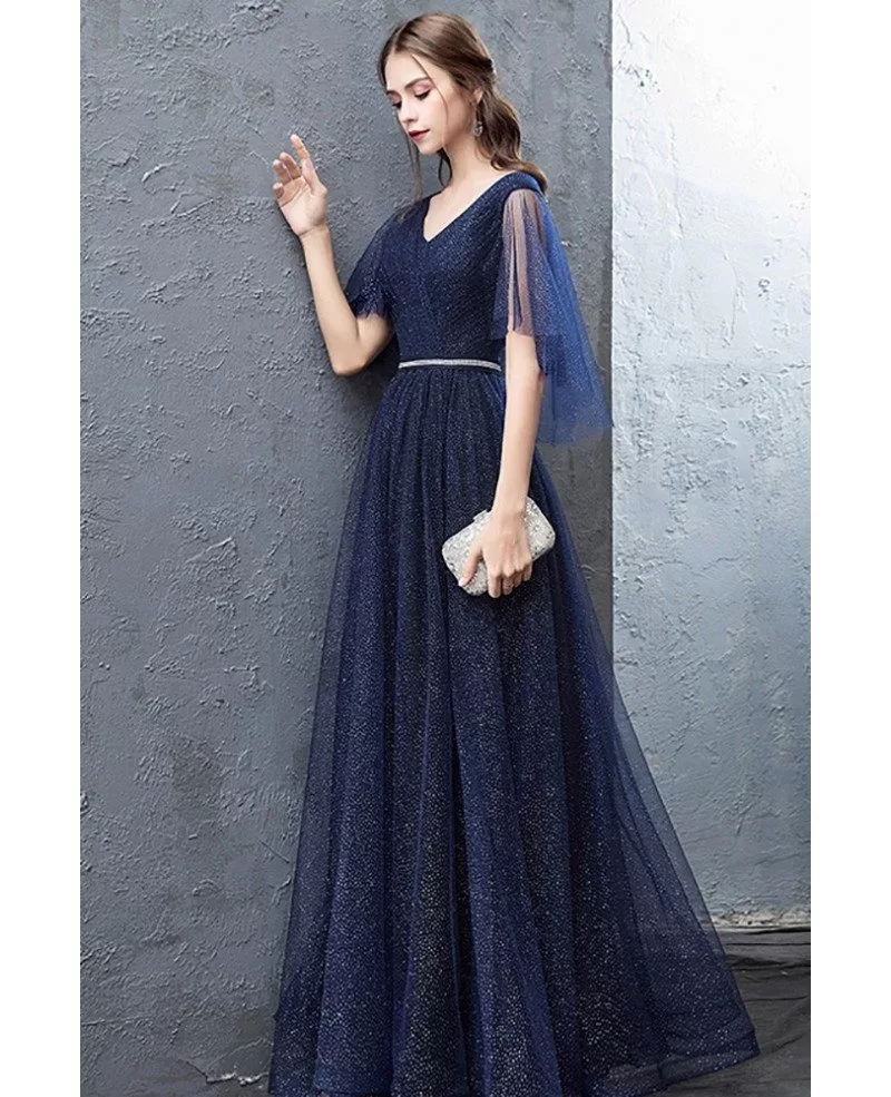 Navy Blue Sparkly Long Tulle Prom Dress With Puffy Sleeves Beaded Waist ...