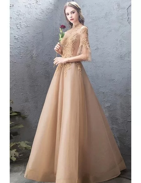 Champagne Gold Embroidery Long Formal Dress Tulle With Bell Sleeves