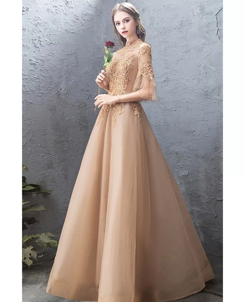 Champagne Gold Embroidery Long Formal Dress Tulle With Bell Sleeves # ...