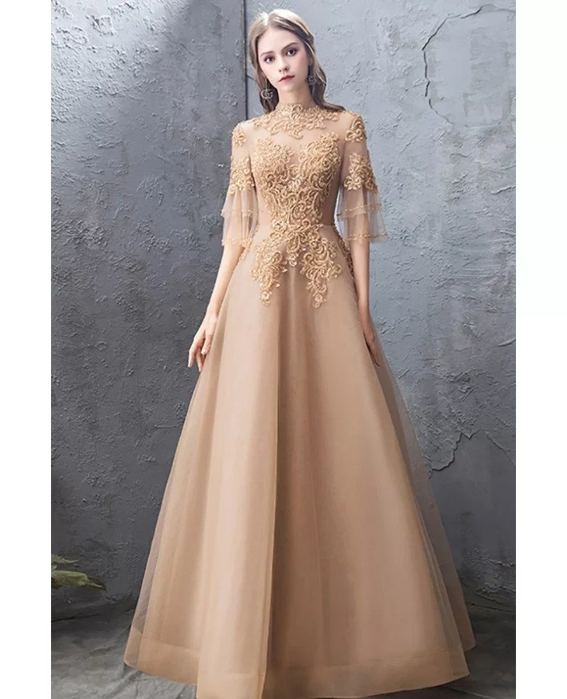 Champagne Gold Embroidery Long Formal Dress Tulle With Bell Sleeves # ...
