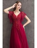 Beaded Burgundy Slim Long Prom Dress With Puffy Tulle Sleeves