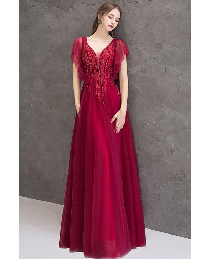 Beaded Burgundy Slim Long Prom Dress With Puffy Tulle Sleeves #DM69044 ...