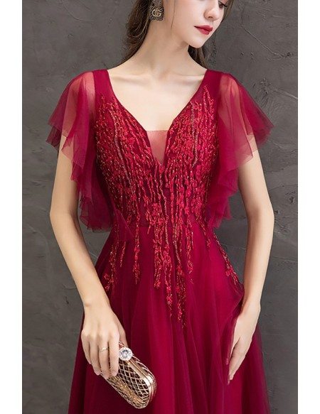 Beaded Burgundy Slim Long Prom Dress With Puffy Tulle Sleeves