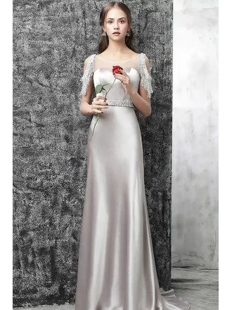 Long Formal Grey Sequined Classy Prom Dress With Tassels Sequins Sleeves