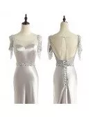Long Formal Grey Sequined Classy Prom Dress With Tassels Sequins Sleeves