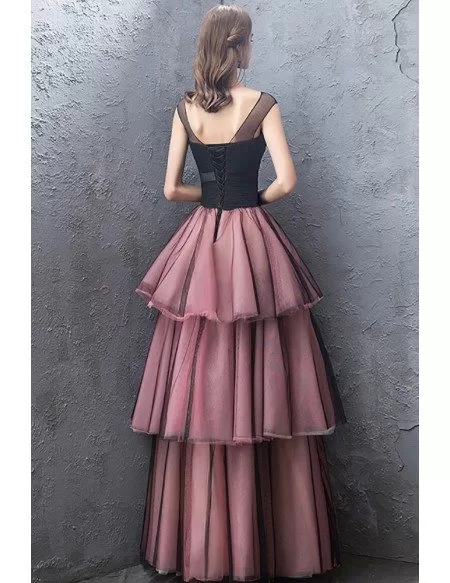 Special Black Tulle With Pink Layered Party Dress With Illusion Neckline