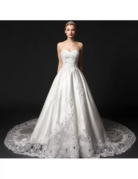 Glamourous Ball-Gown Sweetheart Chapel Train Satin Wedding Dress With Beading Appliques Lace