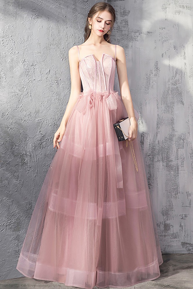 Rose Pink Tulle Party Prom Dress Corset With Spaghetti Straps #DM69041 -  GemGrace.com