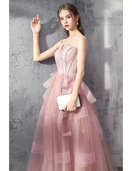 Rose Pink Tulle Party Prom Dress Corset With Spaghetti Straps