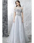Elegant Grey High Neck Lace Long Prom Dress With Illusion Neckline