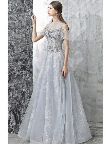 Elegant Grey High Neck Lace Long Prom Dress With Illusion Neckline