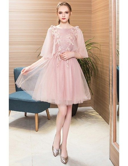 Beaded Flowers Pink Tulle Short Party Dress With Tulle Puffy Sleeves