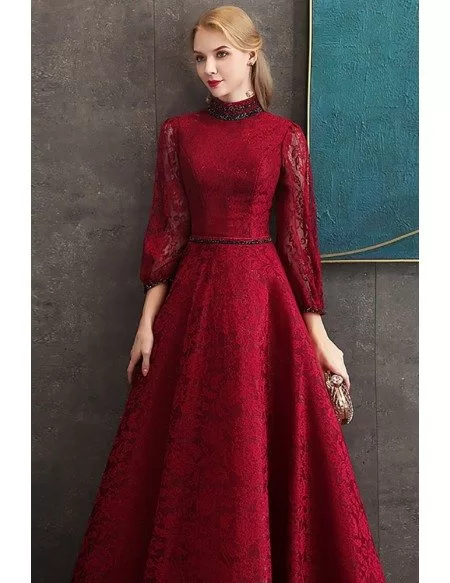 Retro Vintage Burgundy Full Lace Long Formal Dress With 3/4 Sleeves