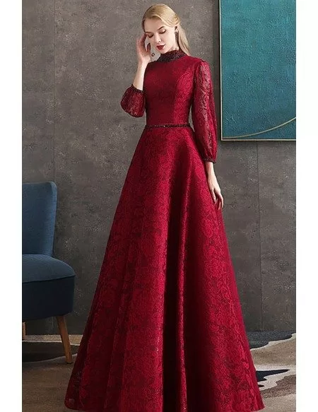 Retro Vintage Burgundy Full Lace Long Formal Dress With 3/4 Sleeves