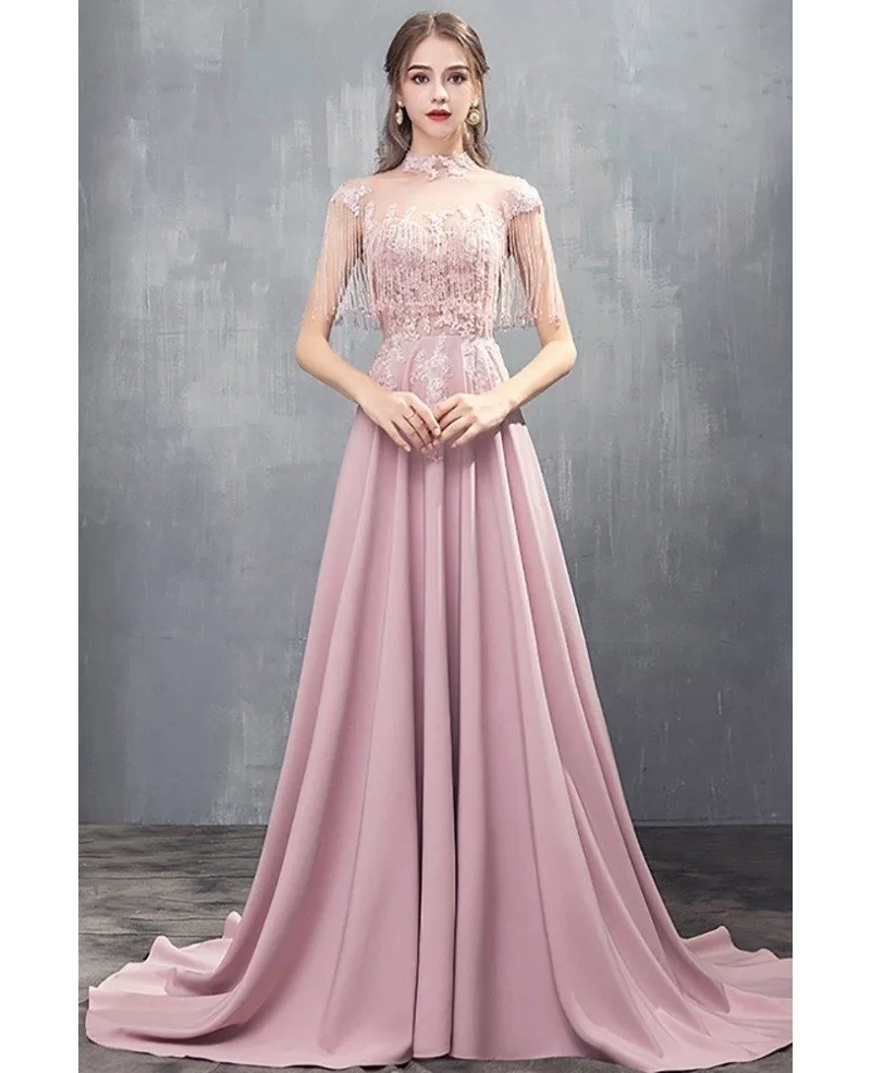 Luxury Tassels Beaded Long Train Satin Evening Prom Dress With Illusion ...