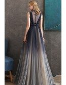 Beaded Sheer High Neckline Ombre Flowy Prom Dress With Sheer Back