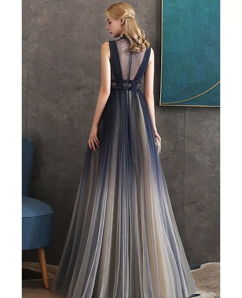 Beaded Sheer High Neckline Ombre Flowy Prom Dress With Sheer Back #