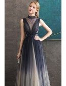Beaded Sheer High Neckline Ombre Flowy Prom Dress With Sheer Back