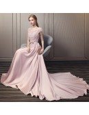 Luxury Long Pink Satin Evening Prom Dress With Lace Cap Sleeves