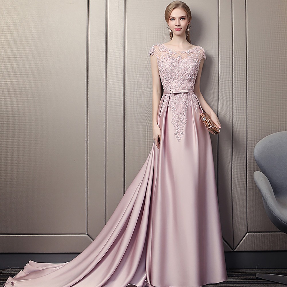 Luxury Long Pink Satin Evening Prom Dress With Lace Cap Sleeves # ...