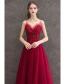 Burgundy Bling Tulle Aline Party Dress With Spaghetti Straps