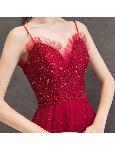 Burgundy Bling Tulle Aline Party Dress With Spaghetti Straps
